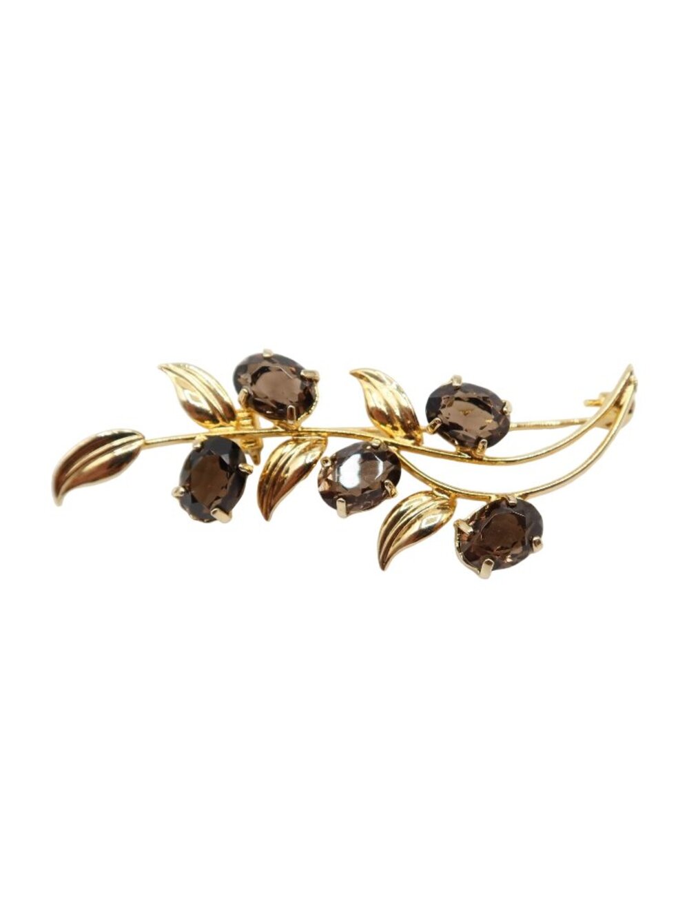 Smokey Topaz & Gold Tone Botanical Vine Leaf Gemstone Brooch Unsigned